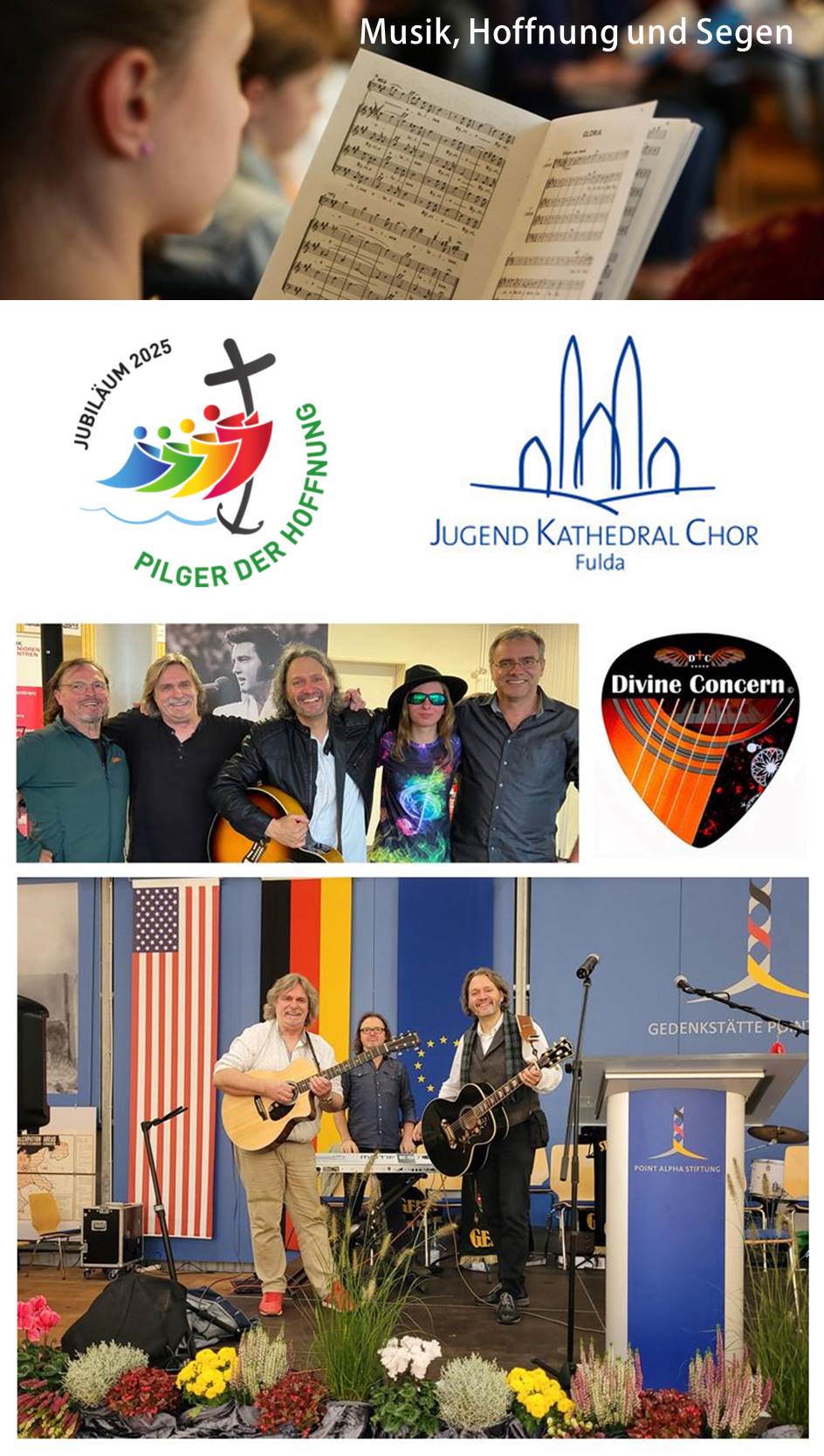 "Musik, Hoffnung und Segen": Titelbild der Veranstaltung mit Gitarrenspielern. 
