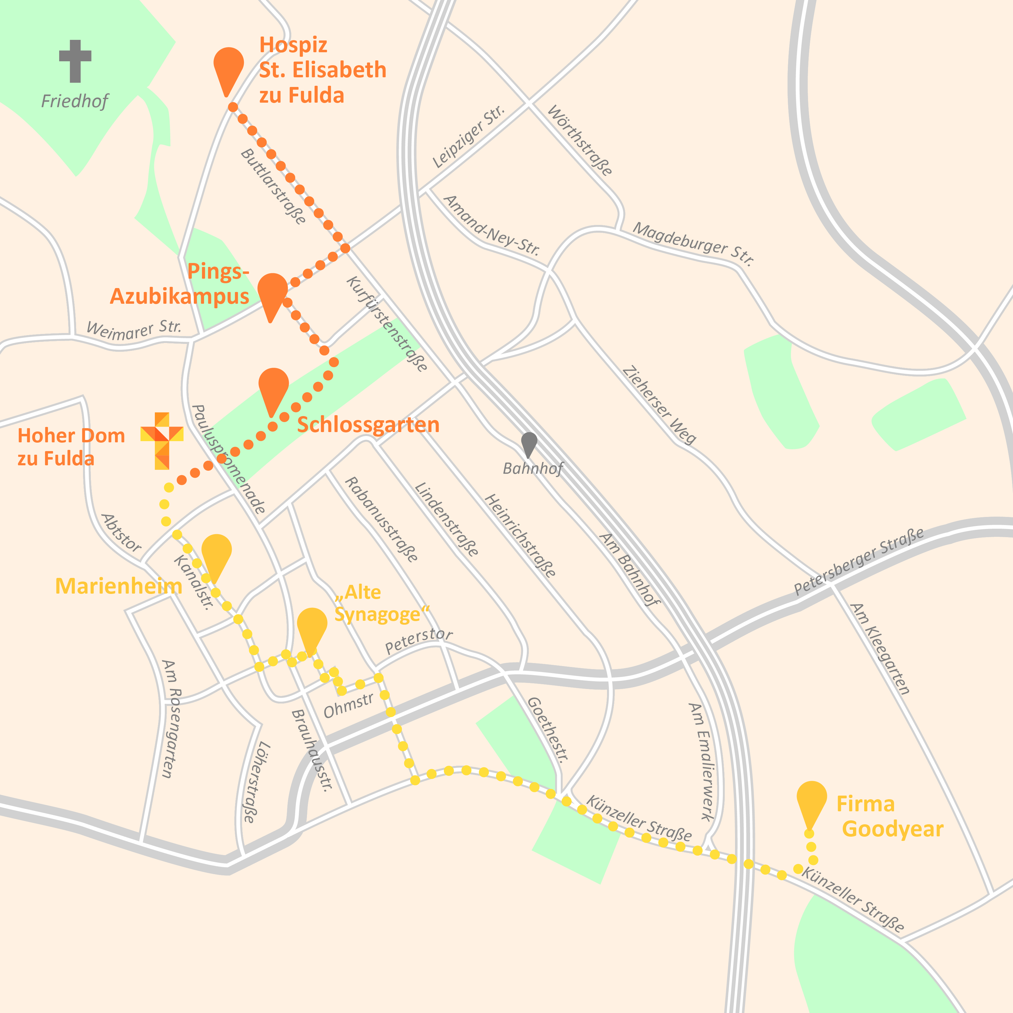 Pilgerweg der Hoffnung. Kartenausschnitt der Wegstrecken.