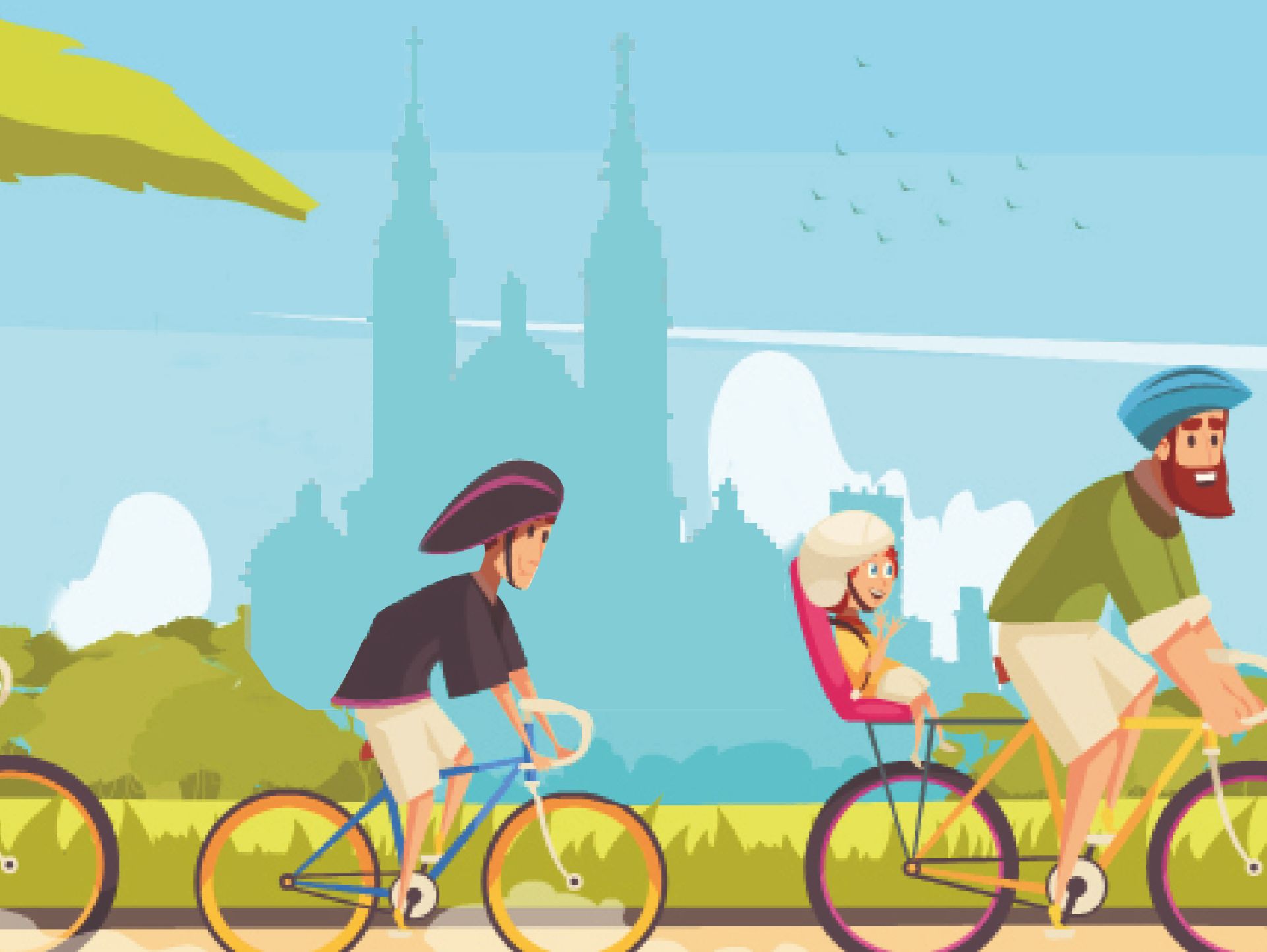 Familienpilgertag. Zeichnung einer Familie auf Rädern mit Fuldaer Dom als Siluette im Hintergrund.